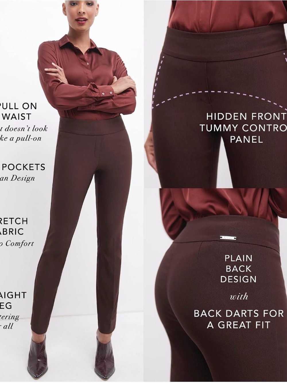Straight-Leg Pull-On Pants with Tummy Control - Brown